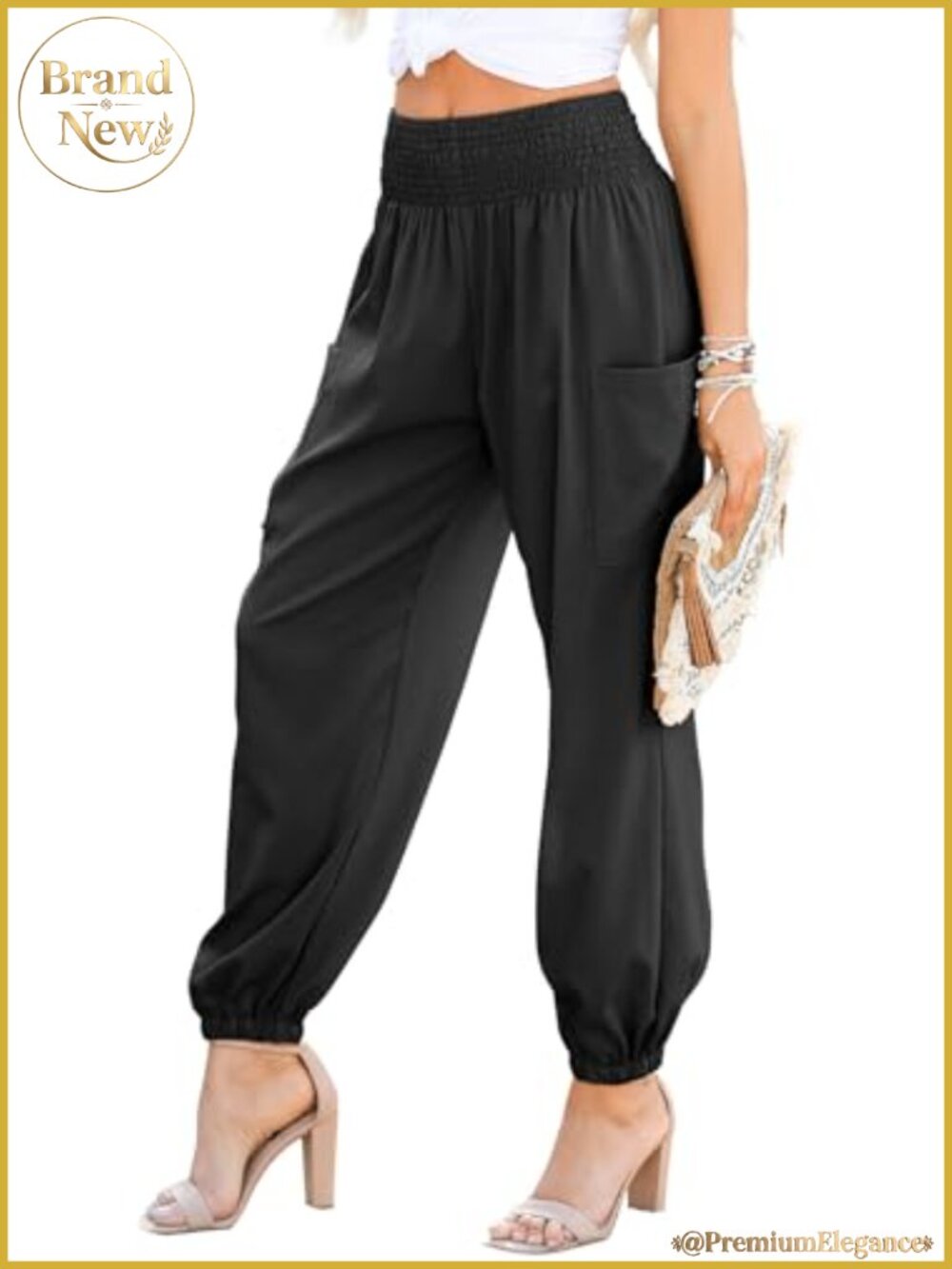 Smocked High Waisted Tapered Leg Palazzo Pants Lightweight Pull On